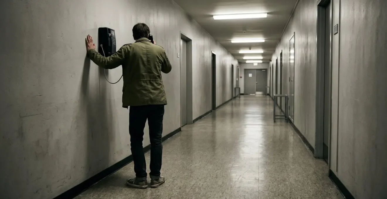 Personne au téléphone dans un environnement institutionnel, expression concentrée