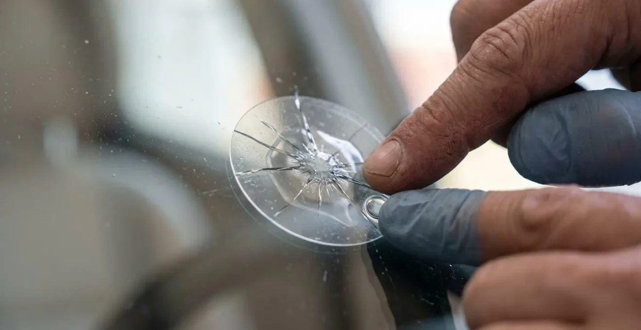 Mains appliquant délicatement un film transparent sur un impact de pare-brise