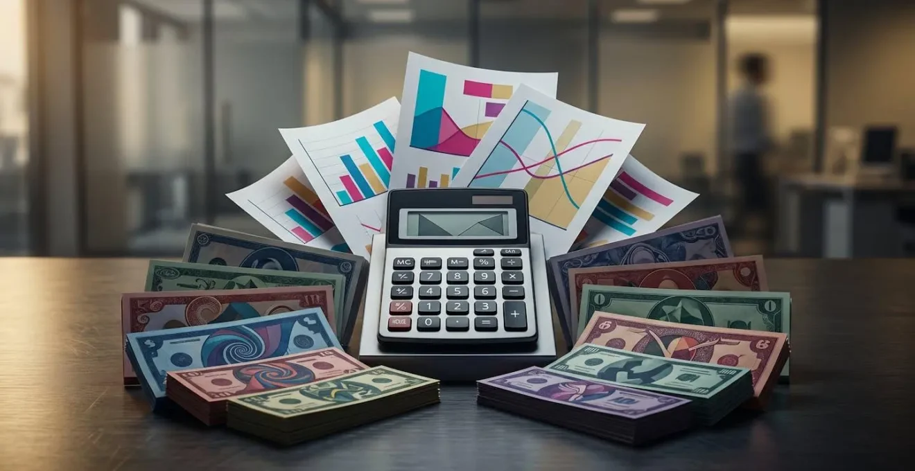 Calculatrice professionnelle entourée de billets factices colorés et graphiques financiers abstraits