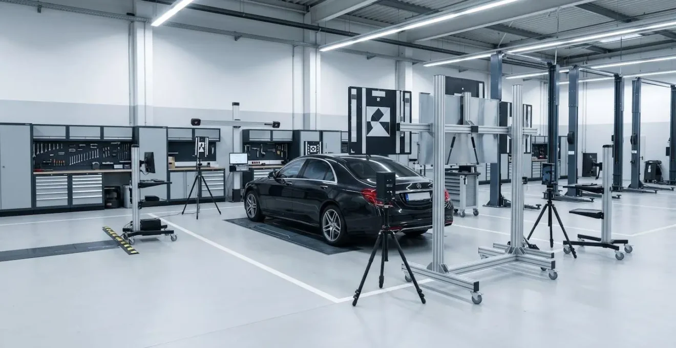 Système de calibrage ADAS en action dans un atelier automobile moderne