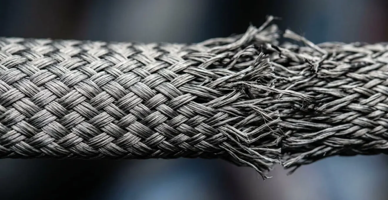 Vue macro détaillée des fibres d'une ceinture de sécurité après un choc