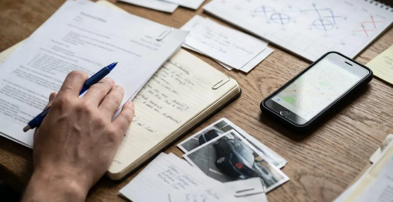 Documents et smartphone sur bureau montrant une liste de vérification pour la recherche d'un véhicule volé