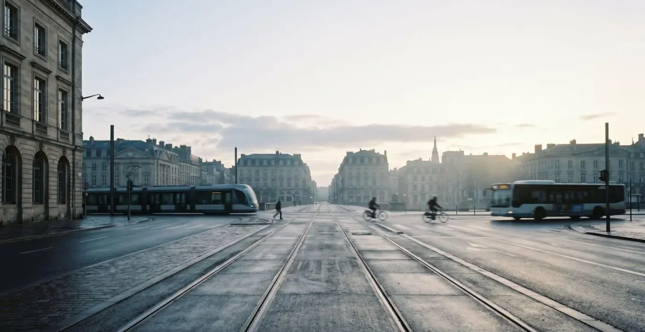 Vue large d'une rue urbaine avec différents modes de transport flous en arrière-plan