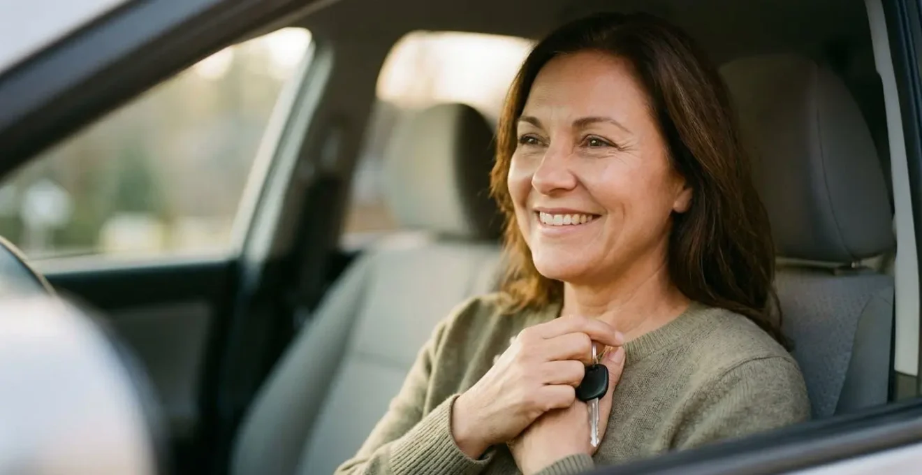Portrait d'un conducteur souriant et soulagé, tenant ses clés de voiture, illustrant la sérénité après avoir choisi la bonne formule d'assurance.
