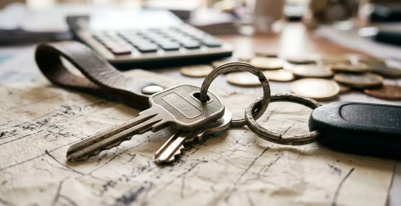 Vue macro de clés de voiture sur contrat d'assurance avec calculatrice floue en arrière-plan