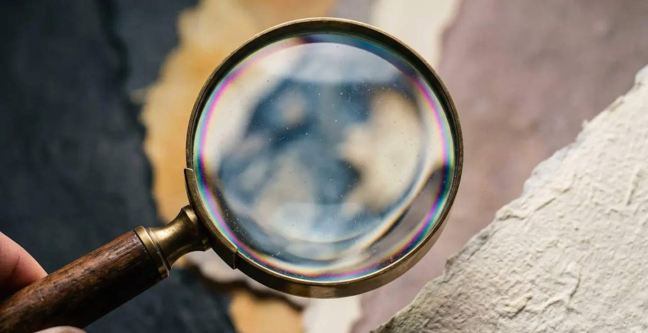 Gros plan sur des mains analysant des documents avec loupe, ambiance bureau