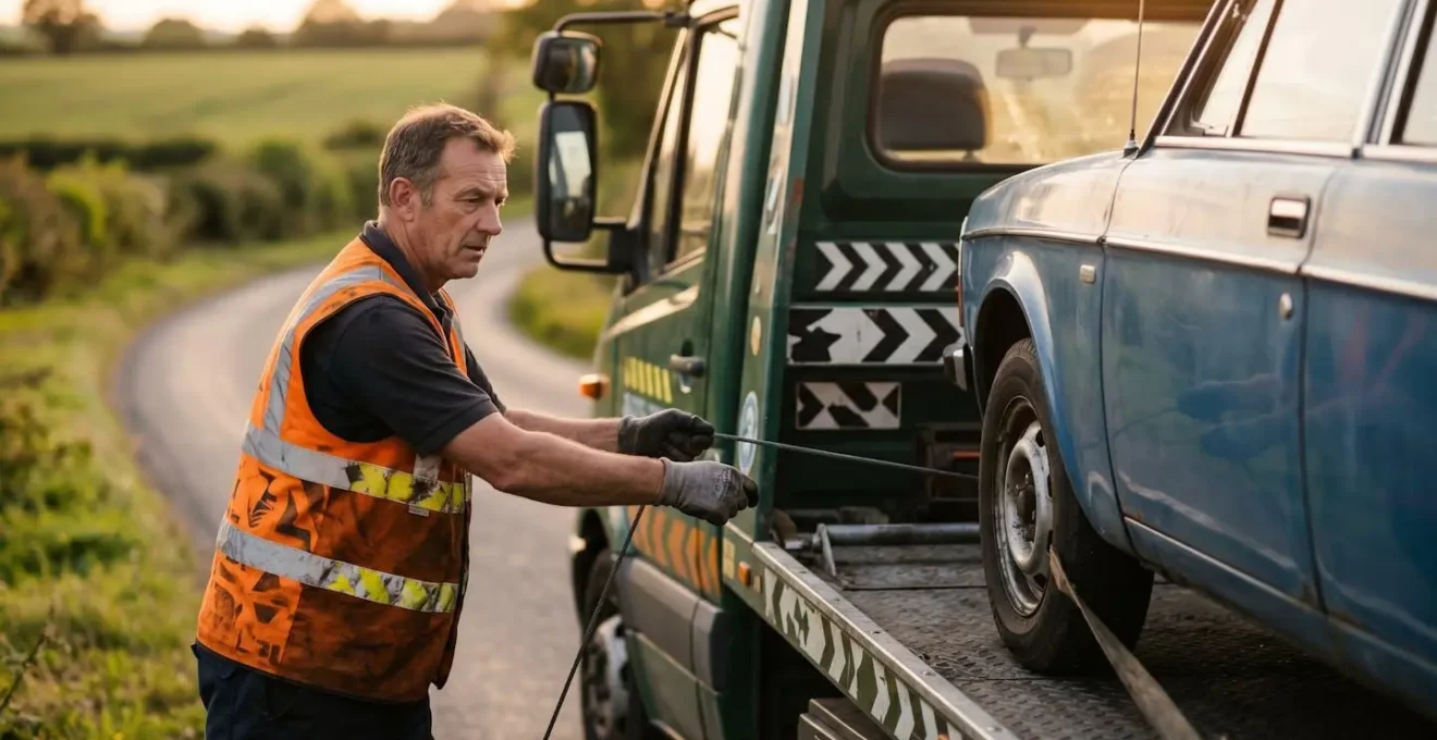 Camion de dépannage professionnel chargeant un véhicule sur une route de campagne
