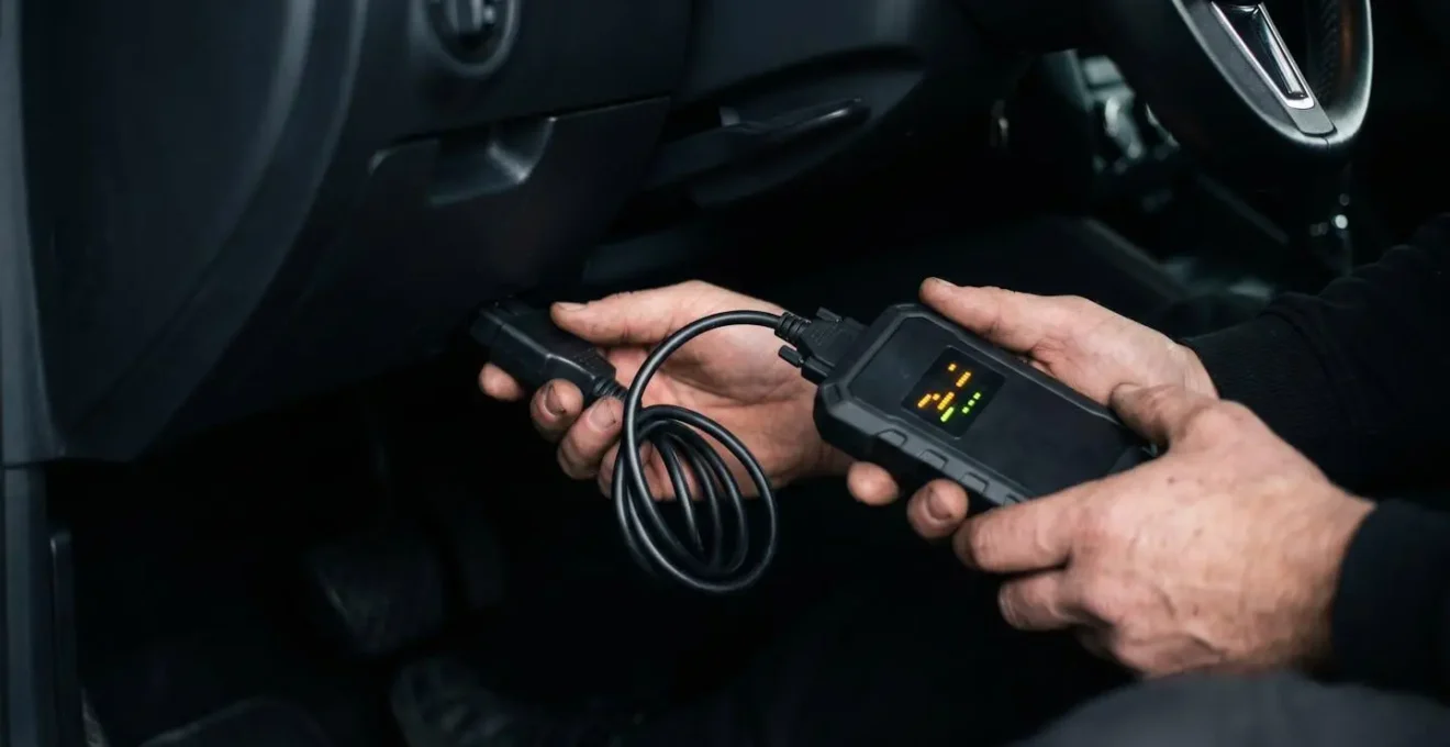Technicien utilisant un outil de diagnostic OBD connecté sous le tableau de bord d'un véhicule