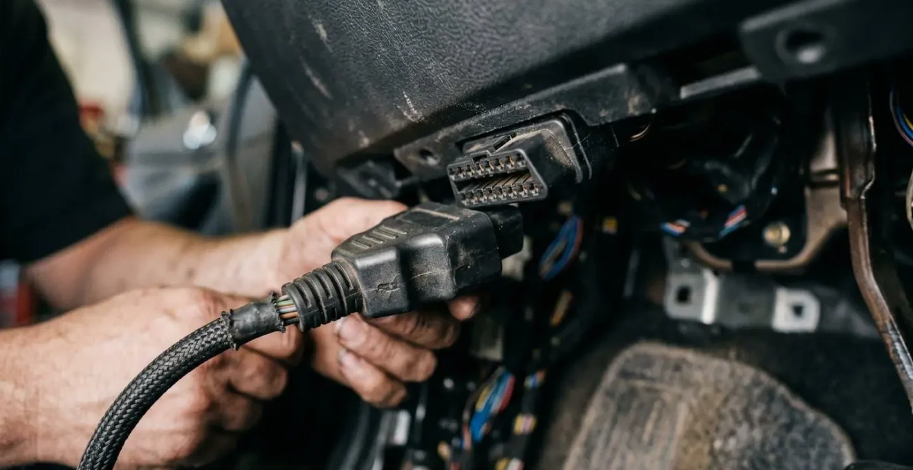 Gros plan sur un mécanicien utilisant un outil de diagnostic électronique connecté à une voiture