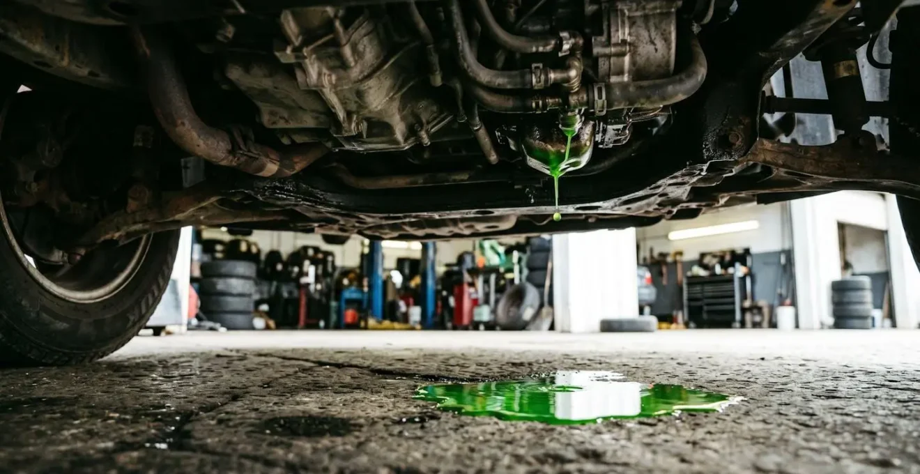 Vue en contre-plongée d'une flaque de liquide vert sous un moteur automobile
