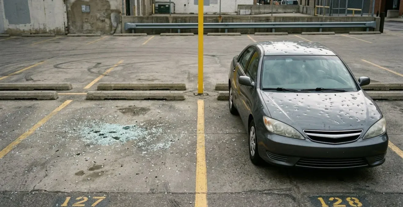 Comparaison visuelle entre la protection contre le vol, représentée par un parking vide avec du verre brisé, et les dégâts climatiques, symbolisés par une voiture cabossée par la grêle.