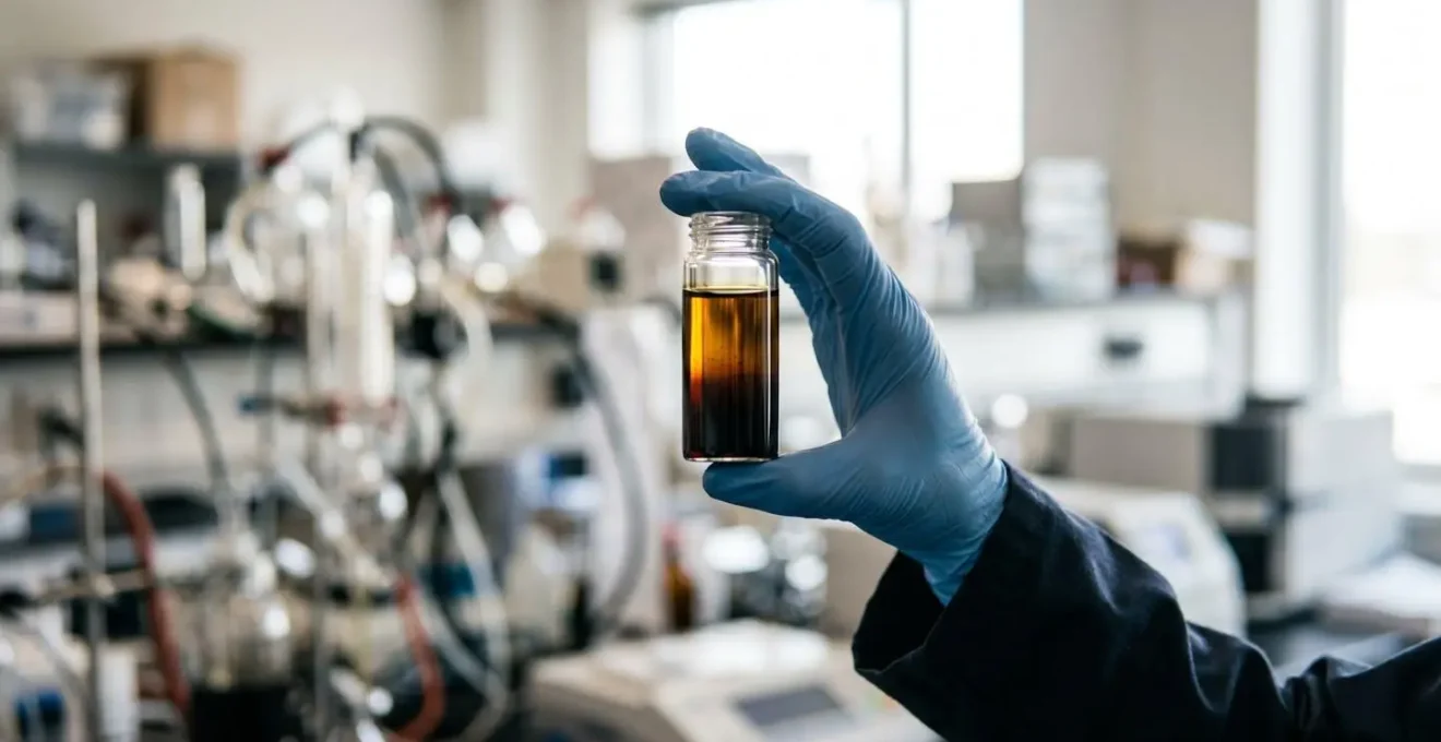 Main tenant un flacon d'échantillon d'huile moteur devant un équipement d'analyse en laboratoire