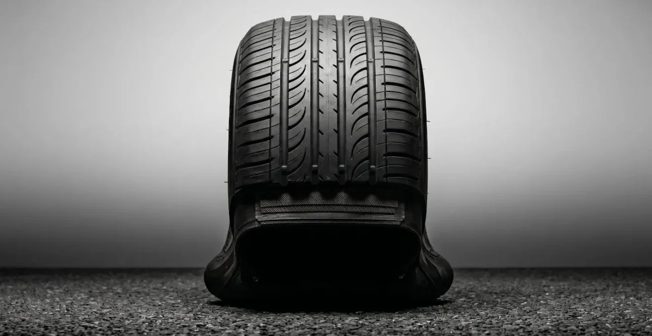 Vue en coupe d'un pneu automobile sous-gonflé montrant la déformation et la surface de contact avec la route