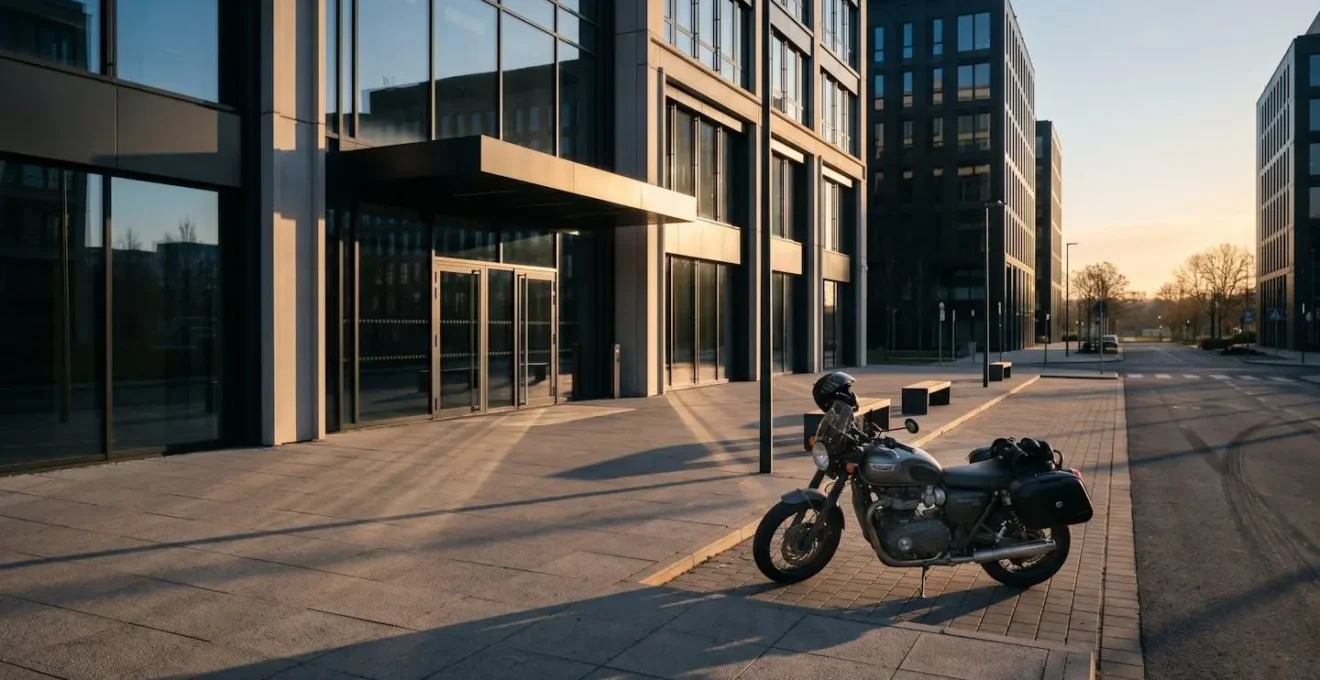 Vue large d'un environnement urbain avec moto garée devant immeuble de bureaux