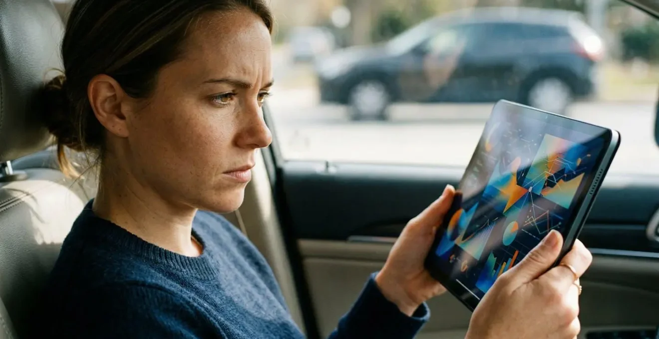 Main tenant une tablette avec graphiques d'évaluation automobile, voiture floue en arrière-plan