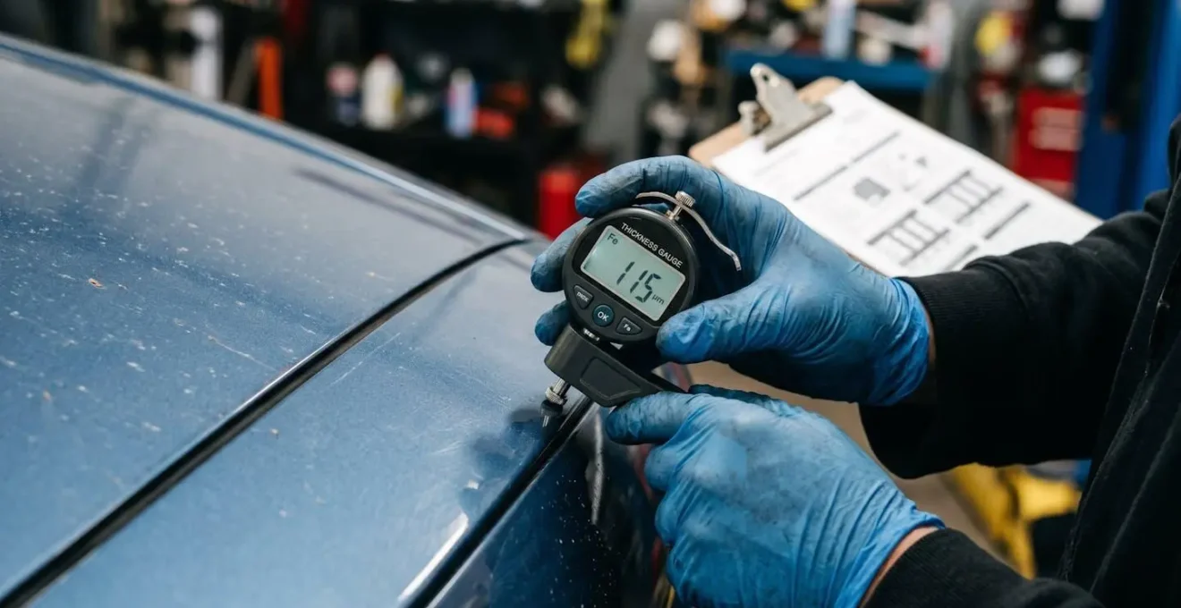 Expert automobile évaluant un véhicule avec sa tablette pour calculer la valeur VRADE