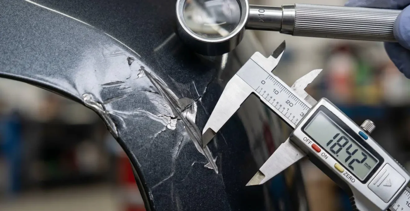 Expert automobile examinant minutieusement un véhicule avec outils d'inspection