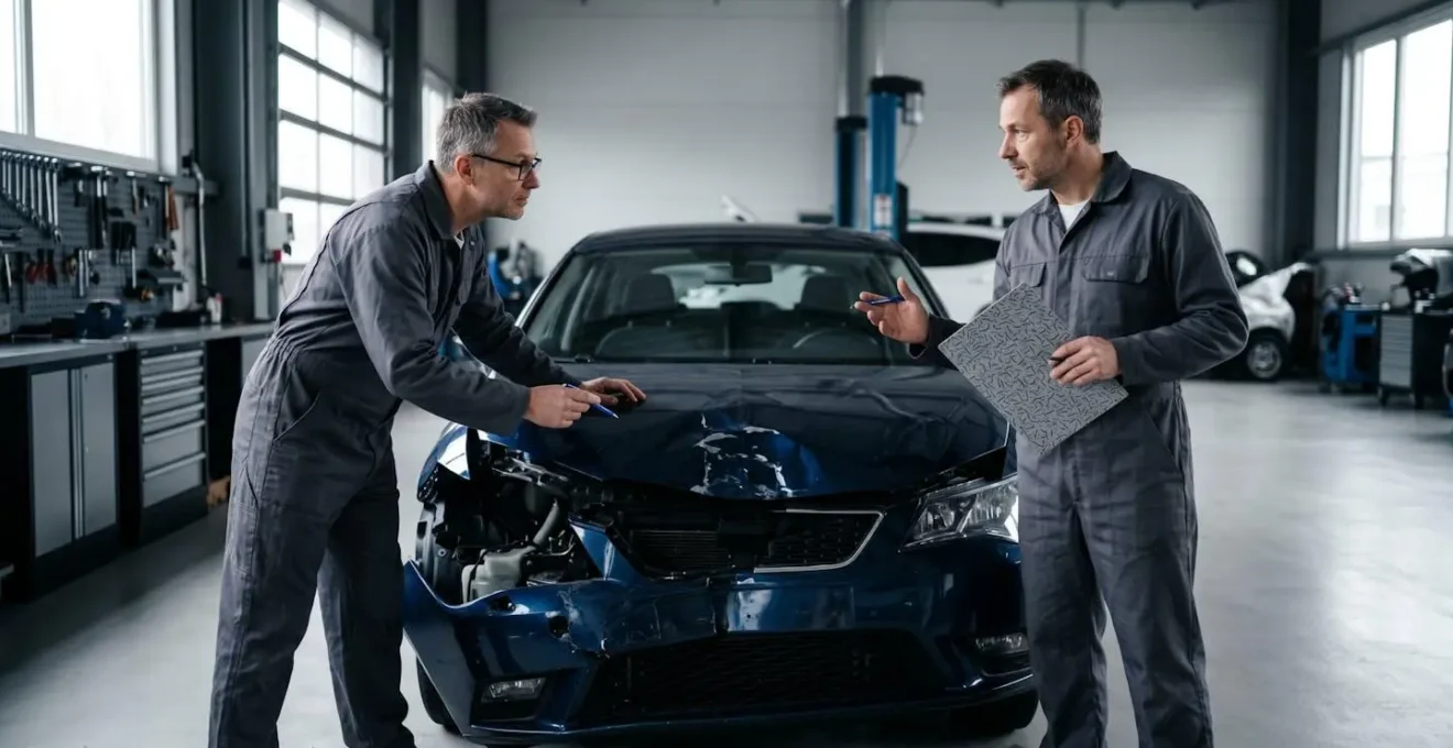Deux experts automobiles examinant ensemble un véhicule accidenté dans un atelier