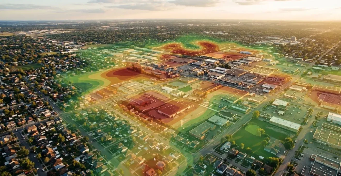 Vue aérienne d'une ville avec zones colorées représentant différents niveaux de risques, style carte thermique abstraite