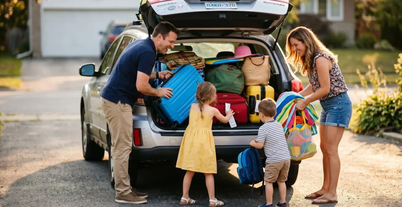 Vue arrière d'une voiture familiale chargée pour les vacances avec coffre ouvert