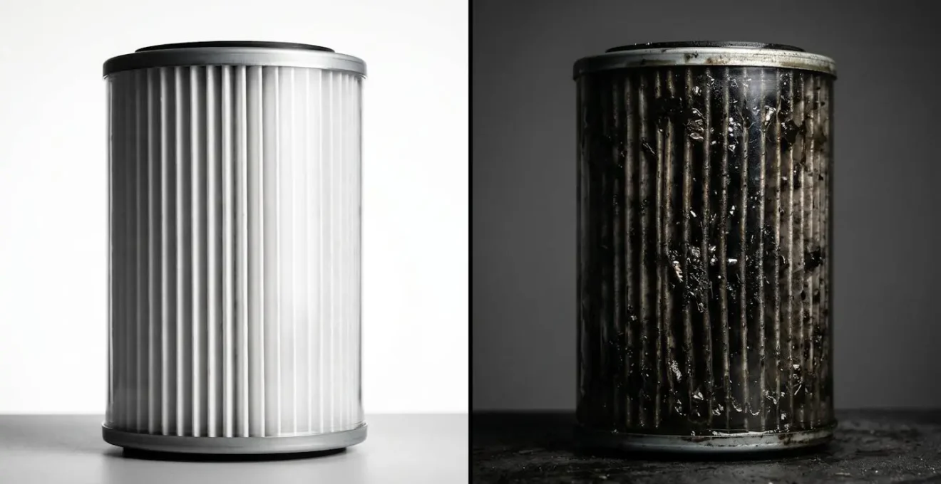 Comparaison entre un filtre à huile neuf et un filtre usagé montrant l'accumulation de contaminants