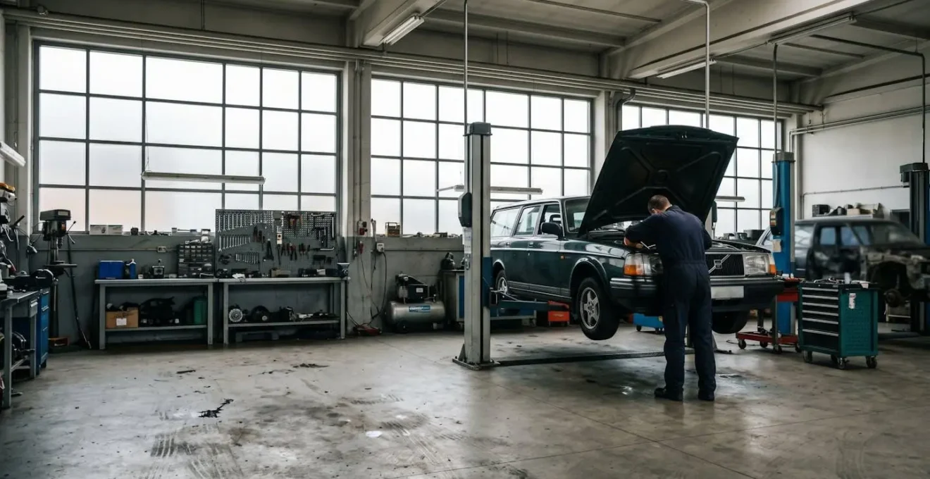 Vue large d'un garage automobile professionnel avec mécanicien travaillant sous le capot d'une voiture