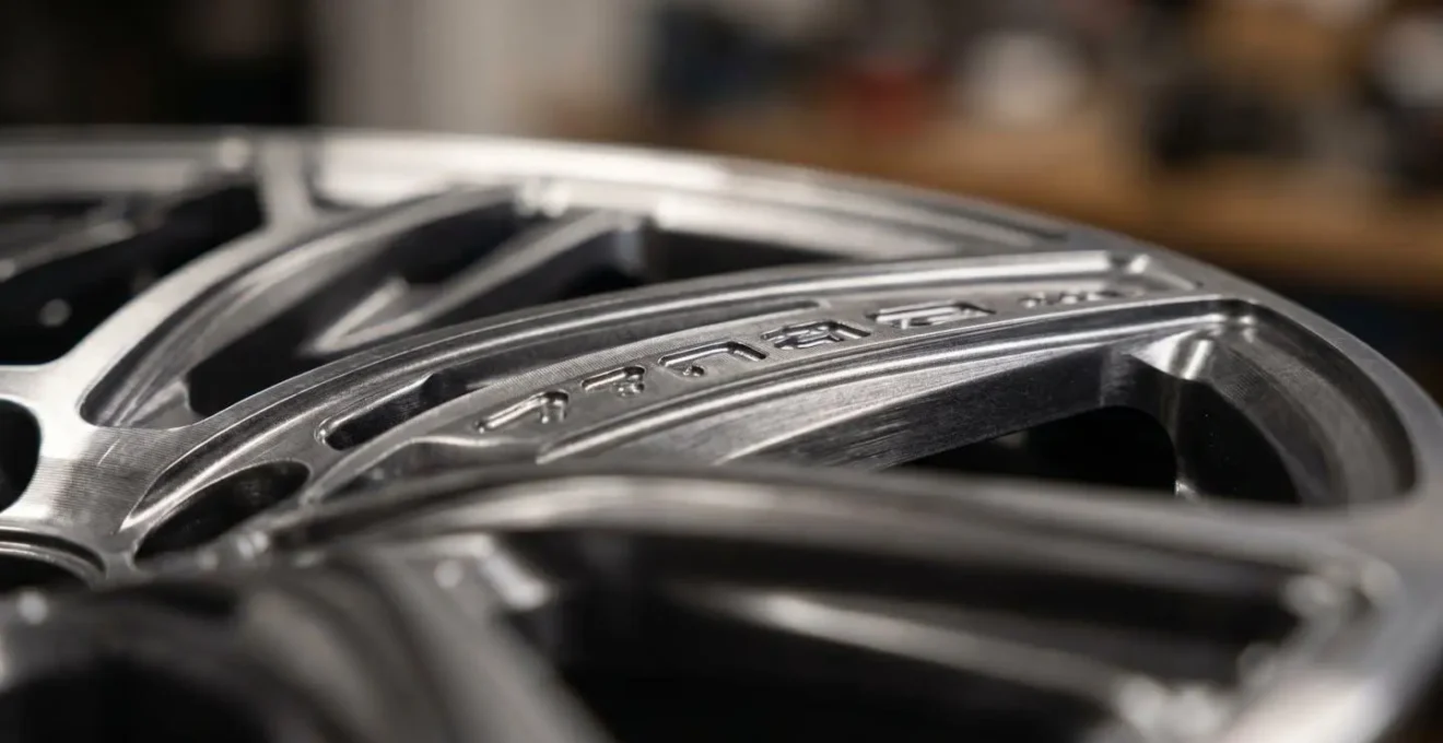 Gros plan macro sur le marquage TÜV gravé dans l'aluminium d'une jante sport