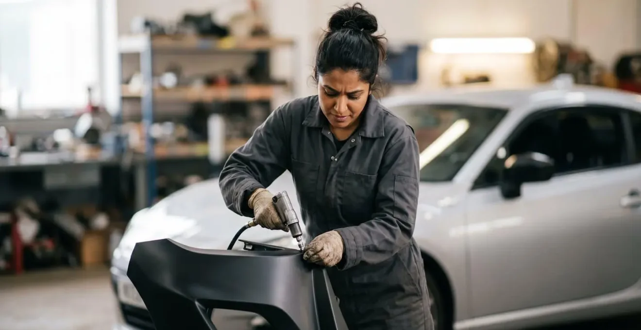 Professionnel installant un pare-chocs sport sur une voiture dans un atelier spécialisé