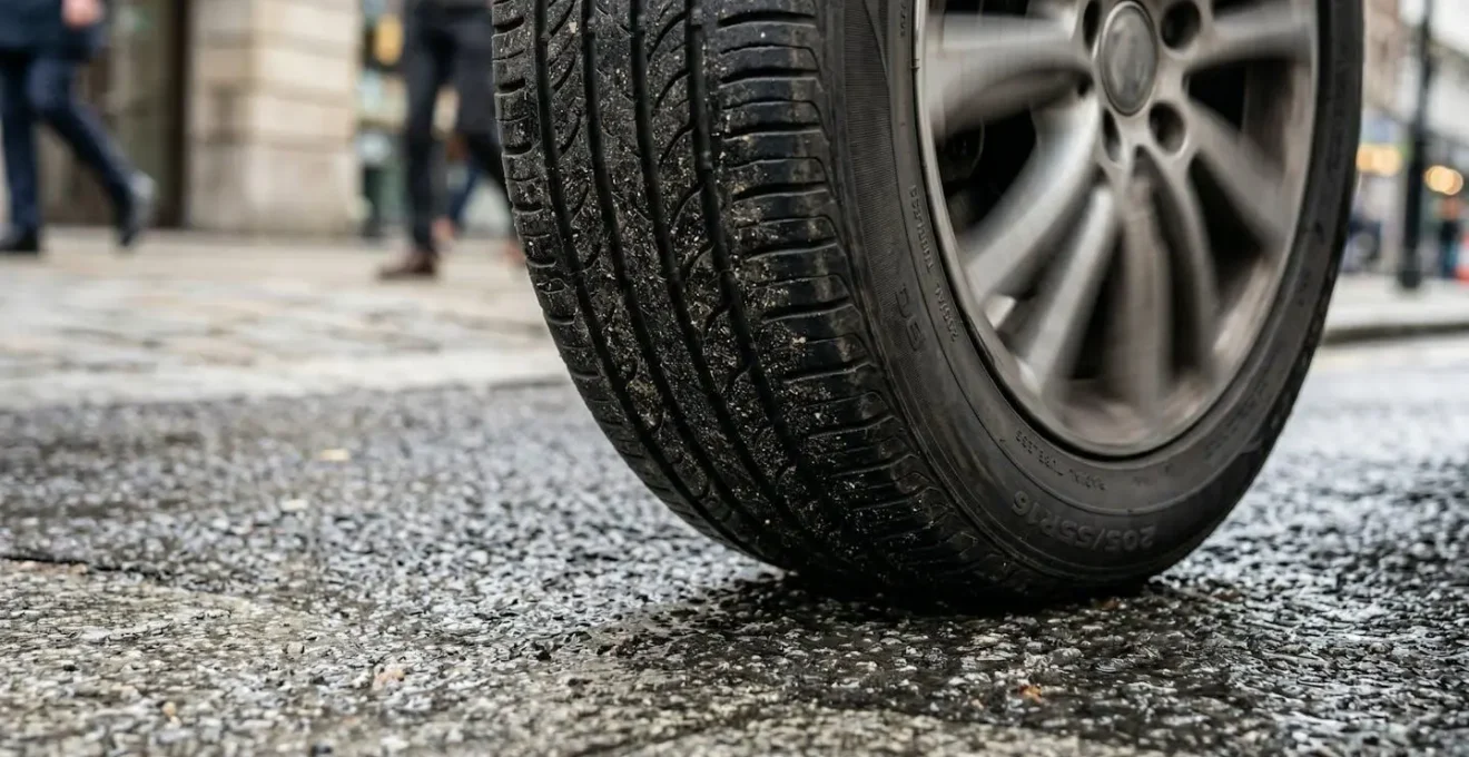Gros plan sur les roues avant d'un véhicule tournant en milieu urbain, illustrant la lecture anticipative.