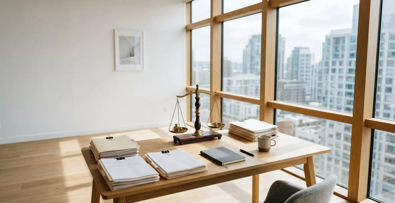 Bureau minimaliste avec dossiers d'assurance organisés et balance symbolique de justice