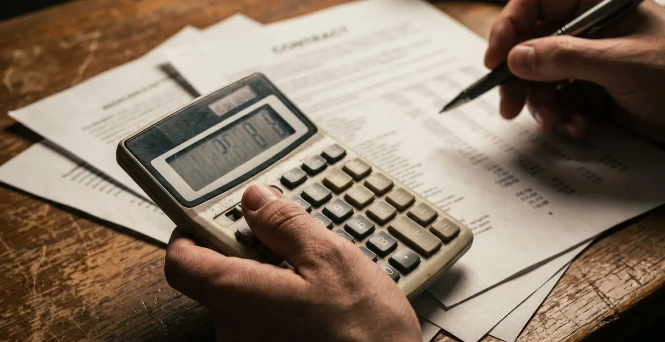 Mains analysant des documents financiers et calculatrice sur bureau professionnel