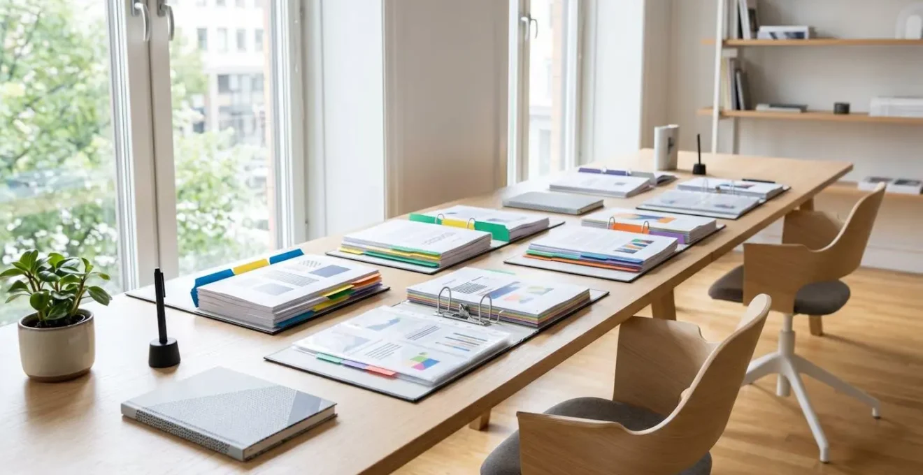 Classeurs ouverts avec intercalaires colorés et factures organisées sur un bureau