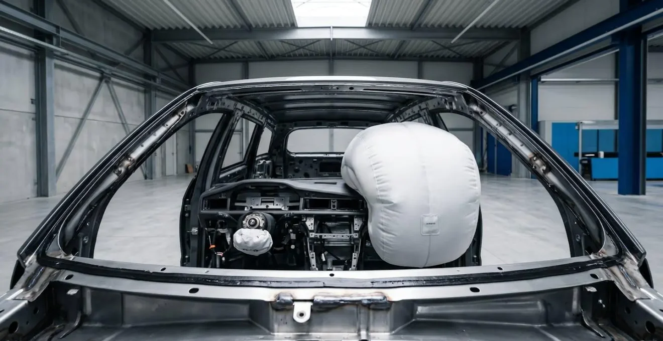 Coupe transversale d'un habitacle montrant l'interaction entre pare-brise et airbag