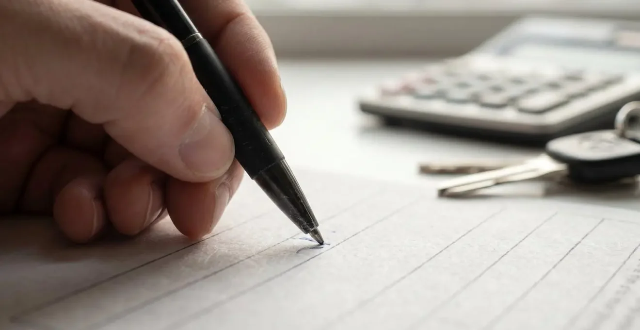Vue macro d'une main remplissant un formulaire de demande de remboursement avec calculatrice