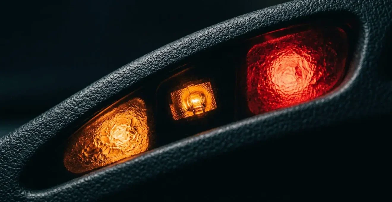 Gros plan sur un tableau de bord automobile montrant différents voyants lumineux orange et rouge allumés