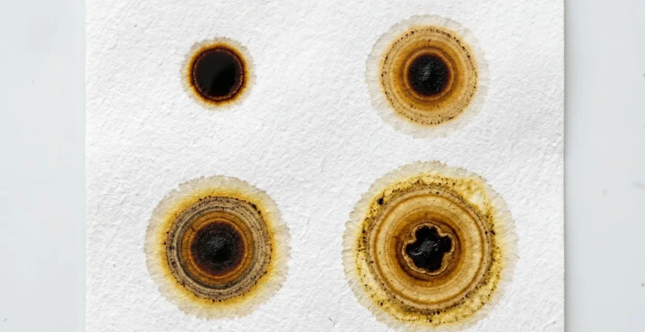 Vue macro de taches d'huile sur papier absorbant montrant différents stades d'usure avec auréoles concentriques