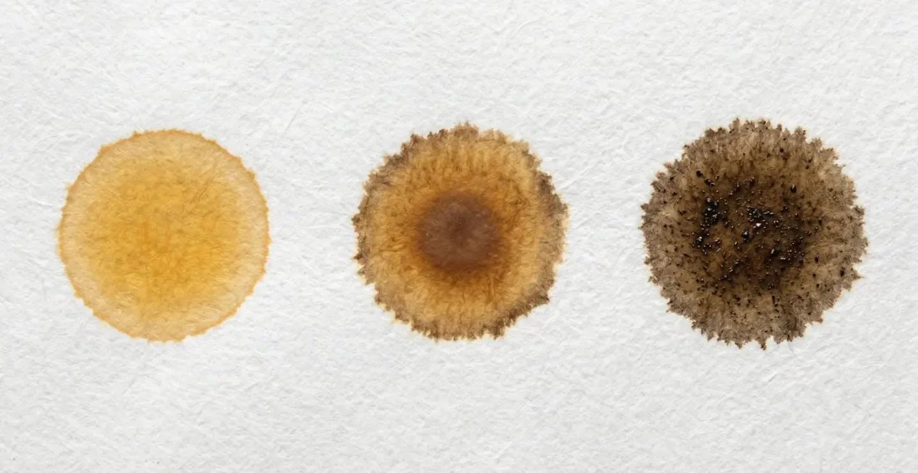 Test de la goutte d'huile sur papier buvard montrant les différents niveaux de contamination