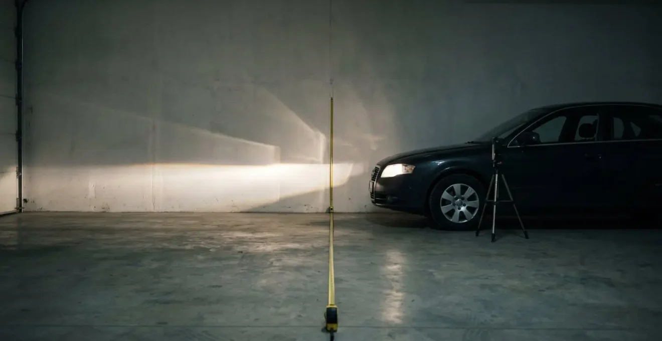 Vue latérale d'un garage avec voiture positionnée face au mur pour test des phares