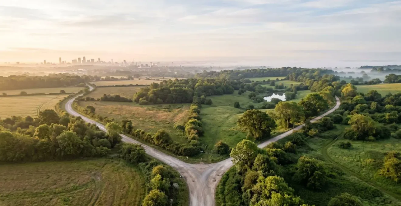 Vue aérienne d'une route avec deux voies distinctes symbolisant les trajets travail et loisirs