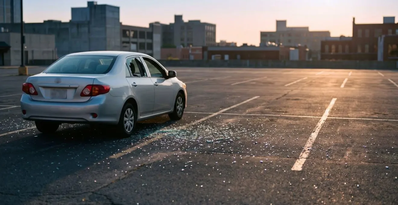 Voiture avec vitre latérale brisée dans un parking urbain, éclats de verre au sol