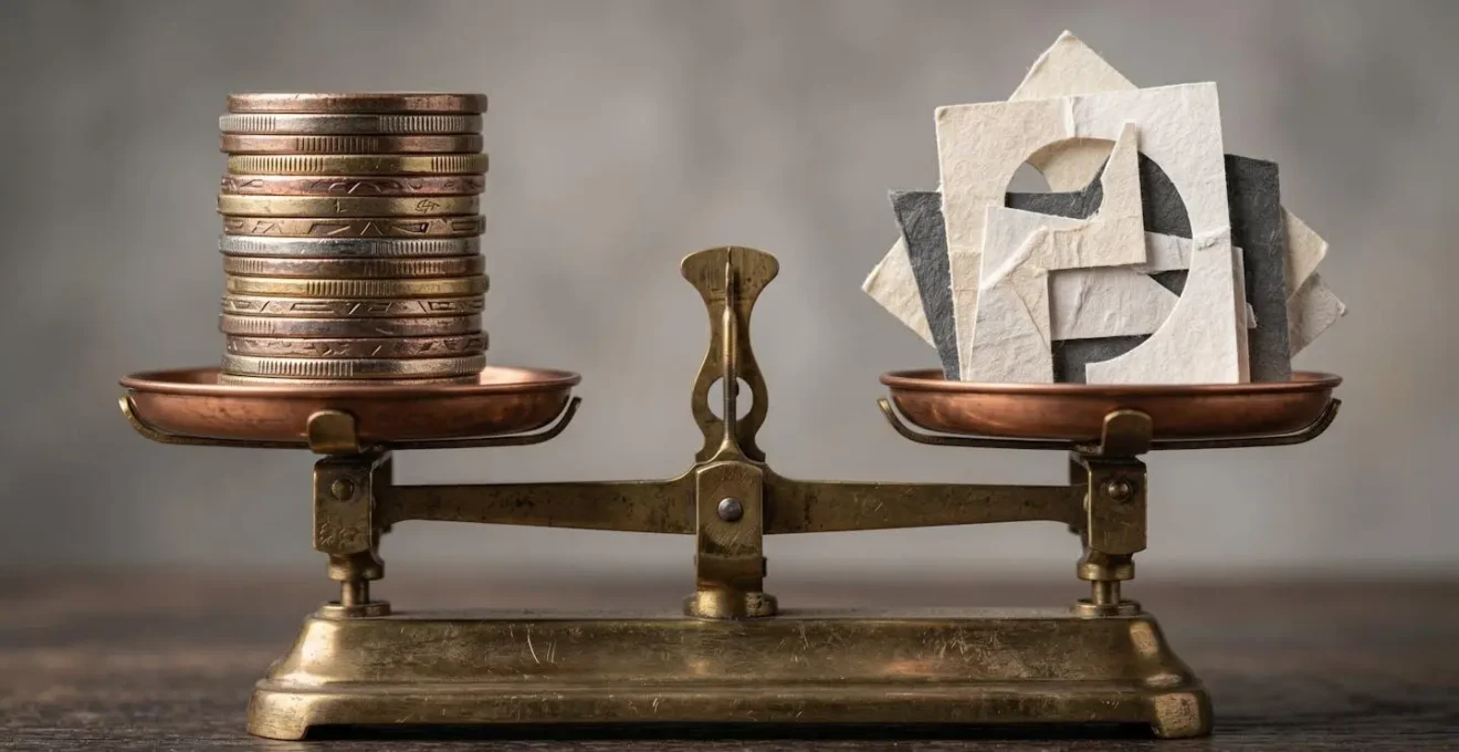Balance équilibrée entre pièces de monnaie et document symbolisant l'équilibre franchise-prime