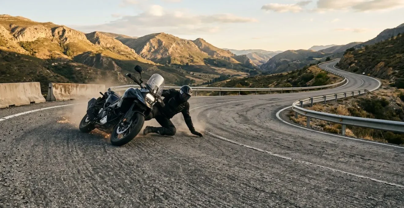 Moto inclinée dans un virage avec traces de glissement illustrant une chute solo