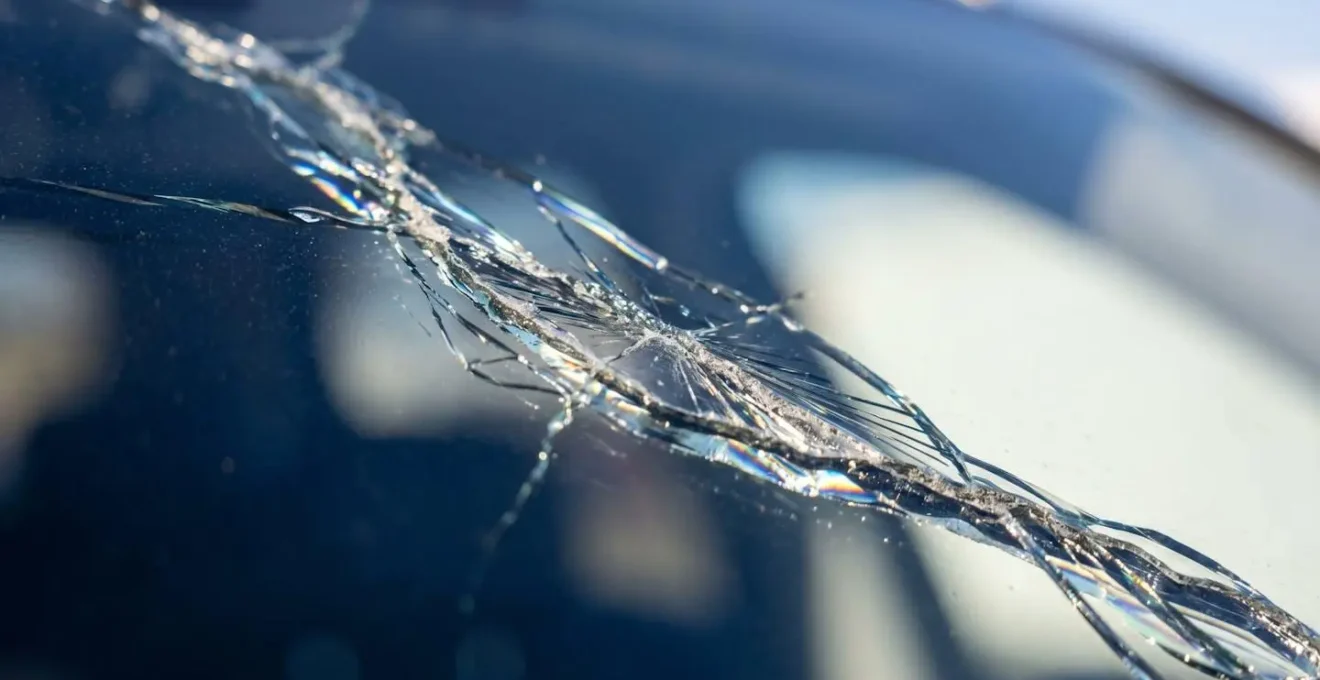 Vue macro d'une fissure sur un toit panoramique de voiture