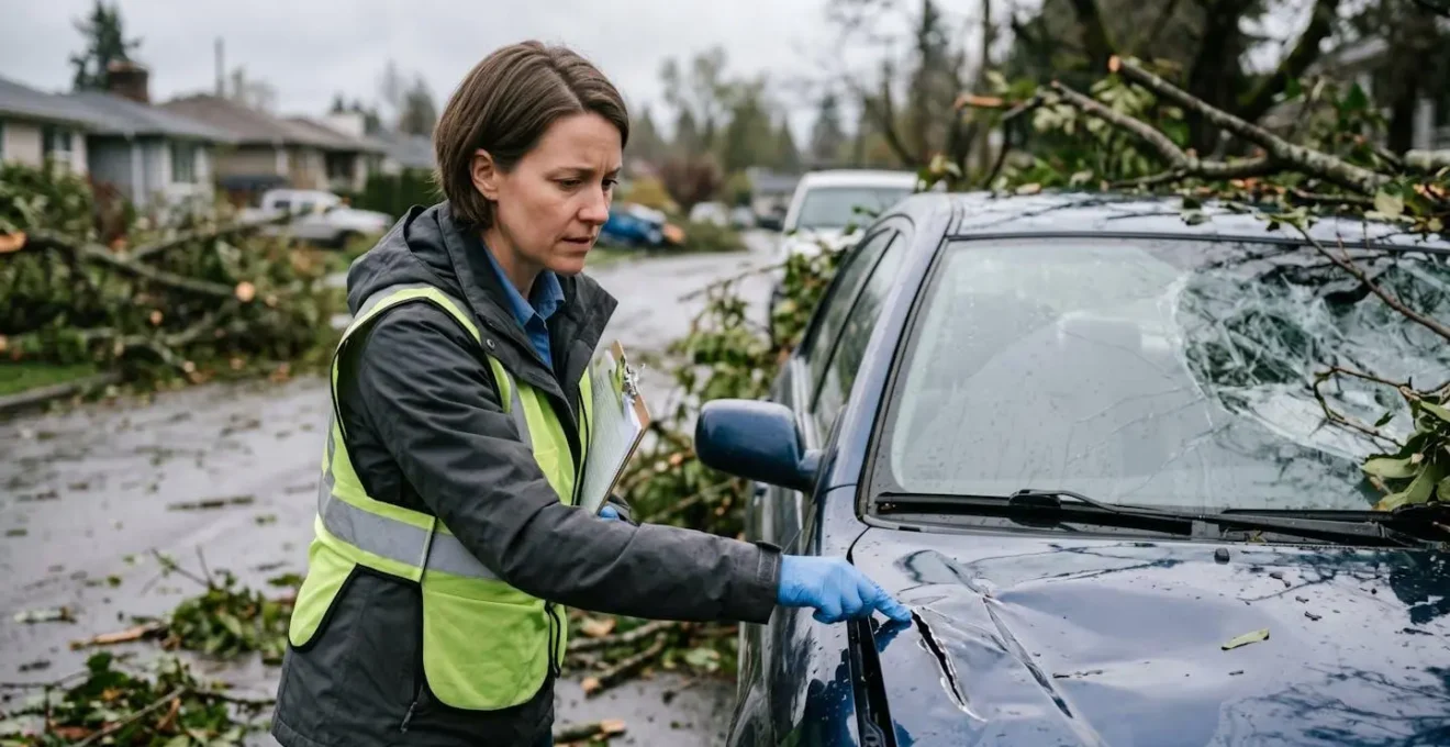 Expert automobile examinant les dégâts de tempête sur un véhicule